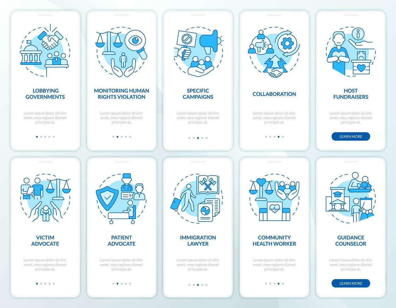Forms and careers in advocacy blue onboarding mobile app screens set. Walkthrough 5 steps editable graphic instructions with linear concepts. UI, UX, GUI templated vector