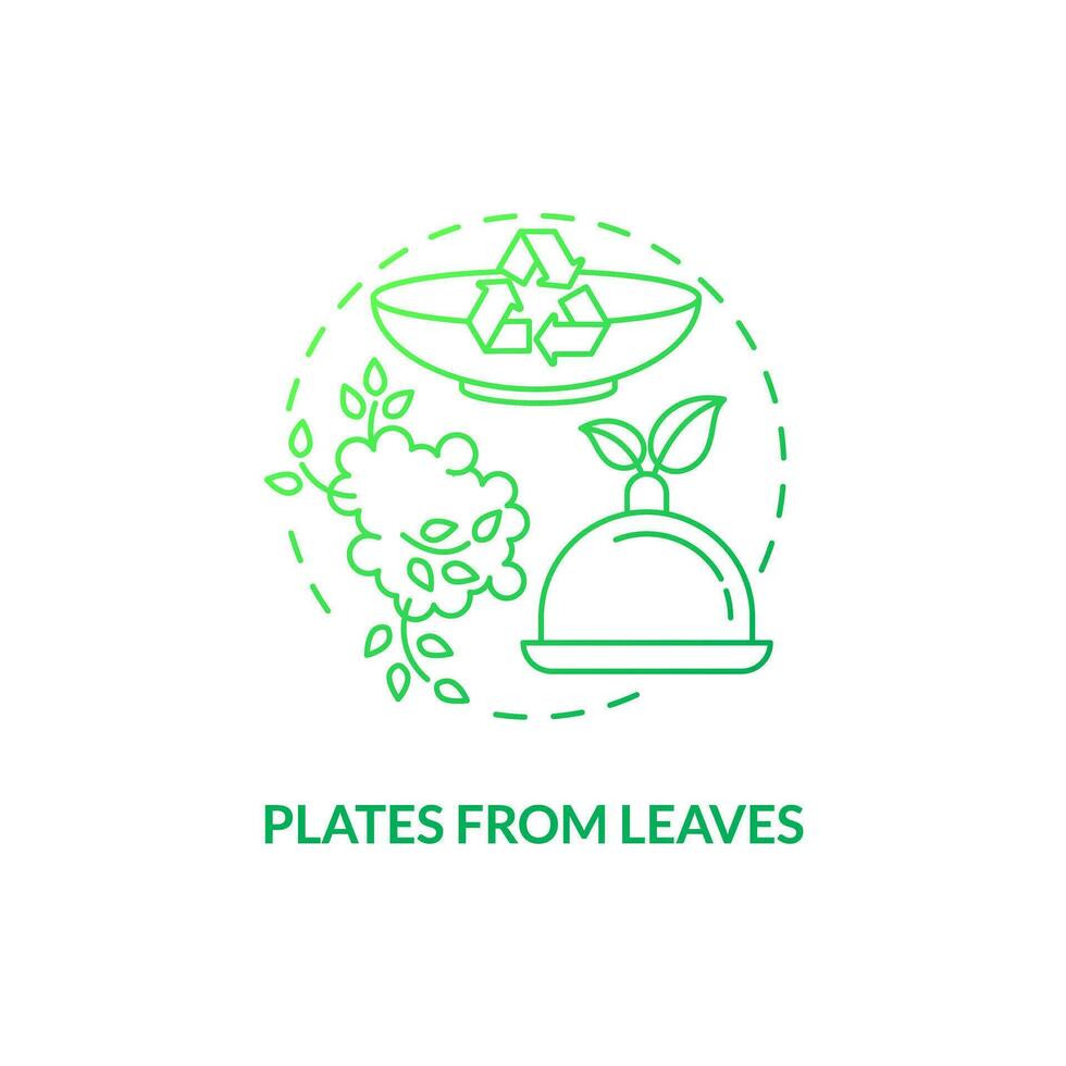 Plates from leaves green gradient concept icon. Recyclable food packaging. Zero waste. Disposable tableware idea thin line illustration. Isolated outline drawing vector