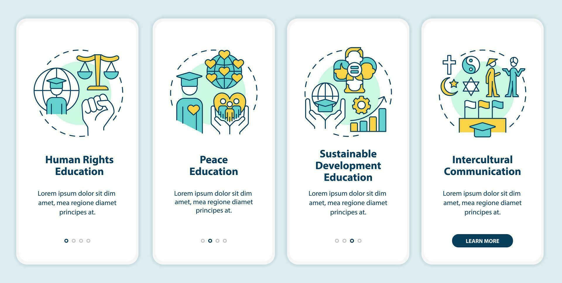 GCED experiences from onboarding mobile app screen. Education process walkthrough 4 steps editable graphic instructions with linear concepts. UI, UX, GUI templated vector