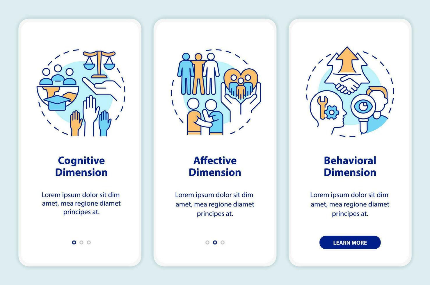 GCED conceptual dimensions onboarding mobile app screen. Walkthrough 3 steps editable graphic instructions with linear concepts. UI, UX, GUI templated vector