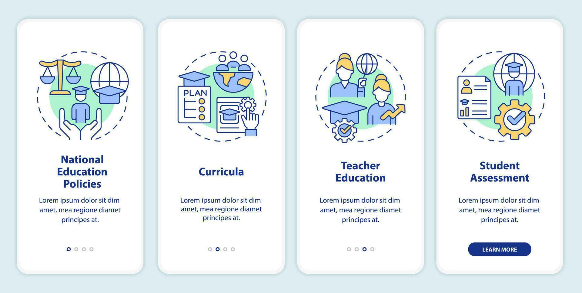 GCED mainstreaming onboarding mobile app screen. Global civil society walkthrough 4 steps editable graphic instructions with linear concepts. UI, UX, GUI templated vector