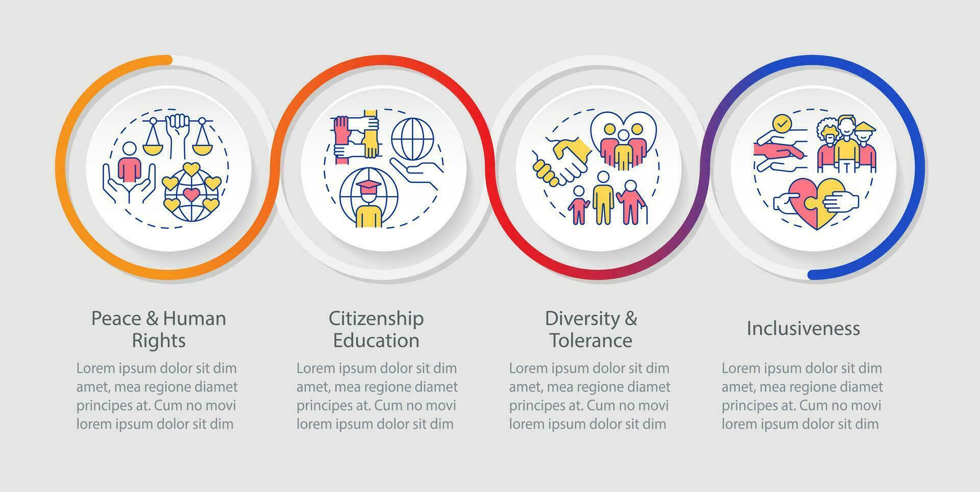 Themes GCED addresses loop infographic template. Social justice. Data visualization with 4 steps. Editable timeline info chart. Workflow layout with line icons vector