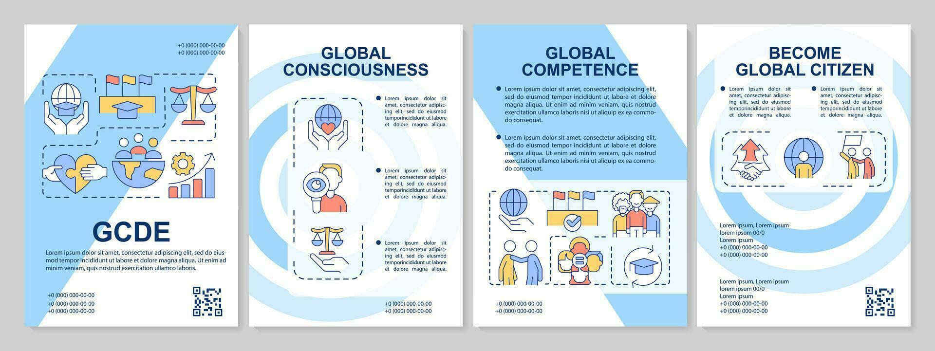 GCDE blue brochure template. Global citizen. Sustainable development. Leaflet design with linear icons. Editable 4 vector layouts for presentation, annual reports