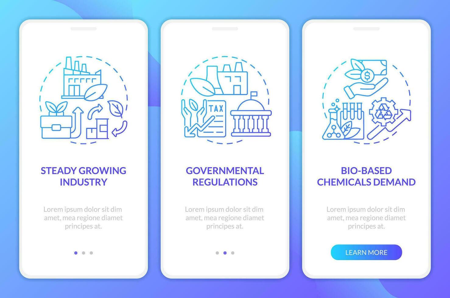 Biobased materials future blue gradient onboarding mobile app screen. Walkthrough 3 steps graphic instructions with linear concepts. UI, UX, GUI templated vector