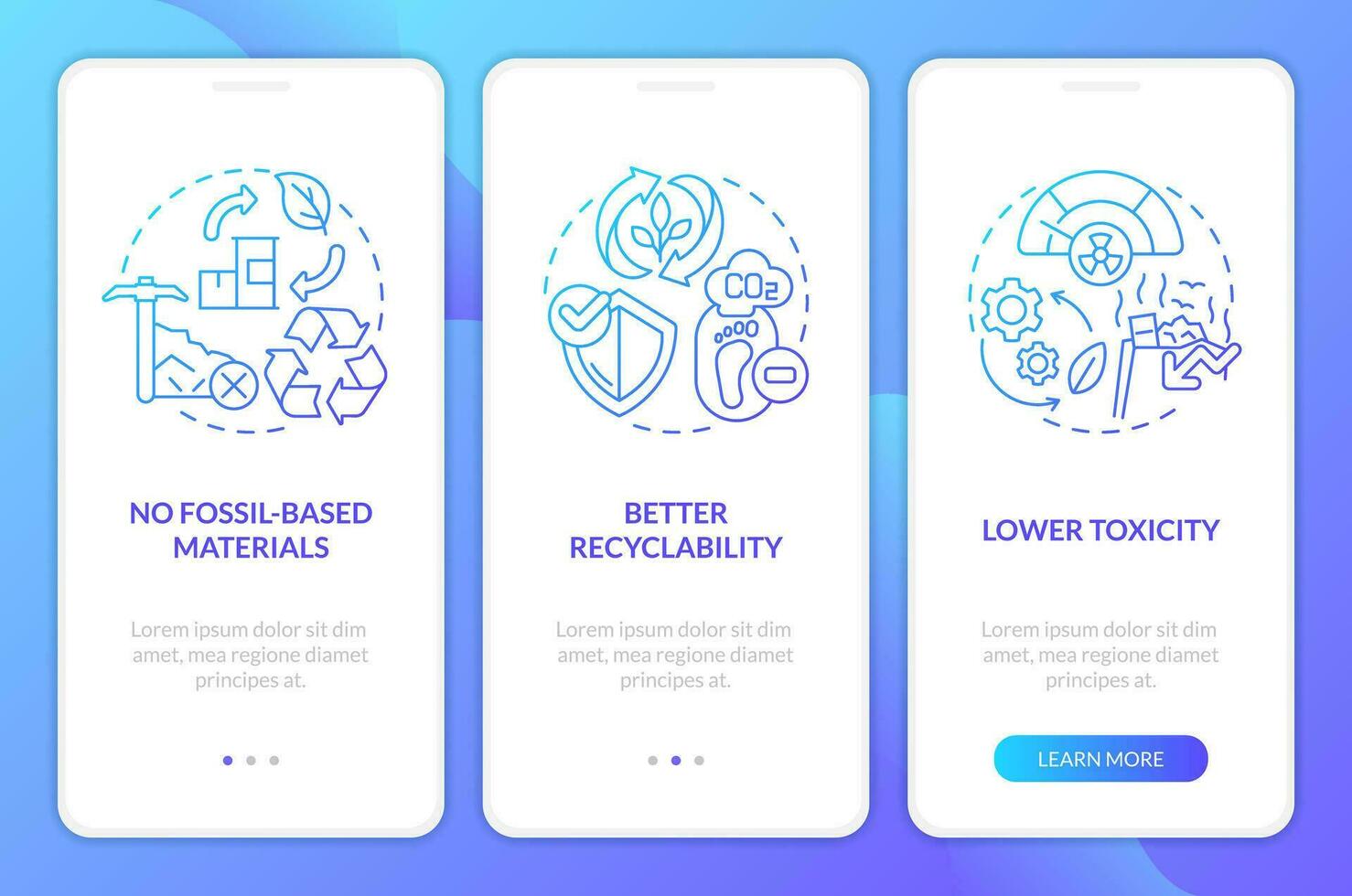 Bio based materials pros blue gradient onboarding mobile app screen. Walkthrough 3 steps graphic instructions with linear concepts. UI, UX, GUI templated vector