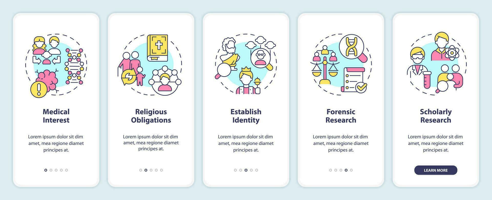 Genealogical research motivation onboarding mobile app screen. Walkthrough 5 steps editable graphic instructions with linear concepts. UI, UX, GUI templated vector