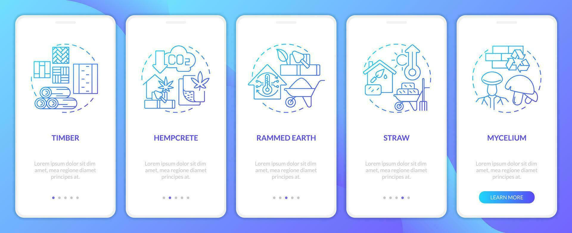 Bio based construction blue gradient onboarding mobile app screen. Walkthrough 5 steps graphic instructions with linear concepts. UI, UX, GUI templated vector