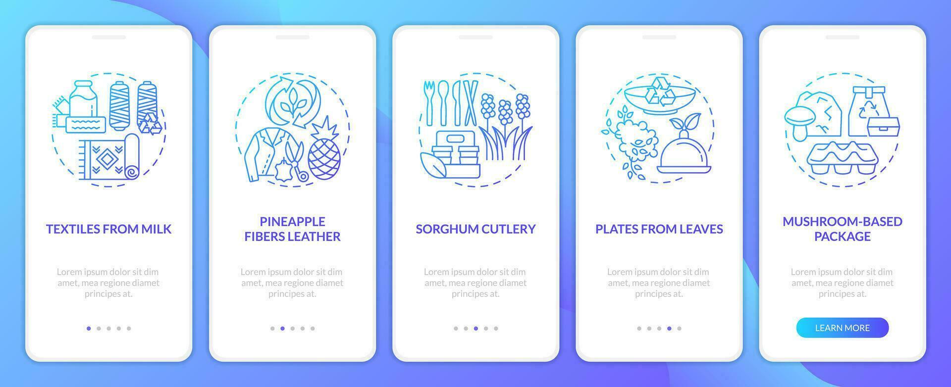 Renewable materials blue gradient onboarding mobile app screen. Walkthrough 5 steps graphic instructions with linear concepts. UI, UX, GUI templated vector