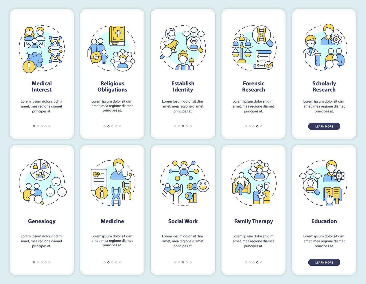 Family tree usage onboarding mobile app screen set. Walkthrough 5 steps editable graphic instructions with linear concepts. UI, UX, GUI templated vector