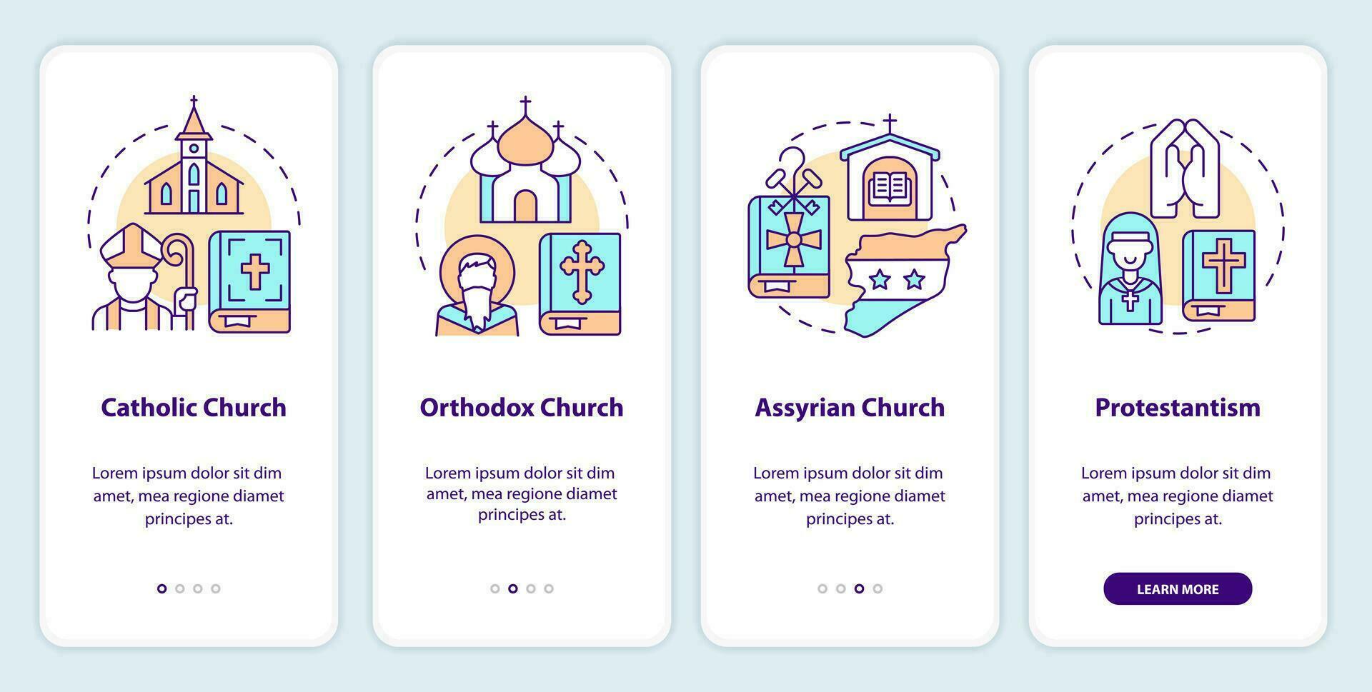 cristiano iglesias inducción móvil aplicación pantalla. confesiones recorrido 4 4 pasos editable gráfico instrucciones con lineal conceptos. ui, ux, gui plantilla vector