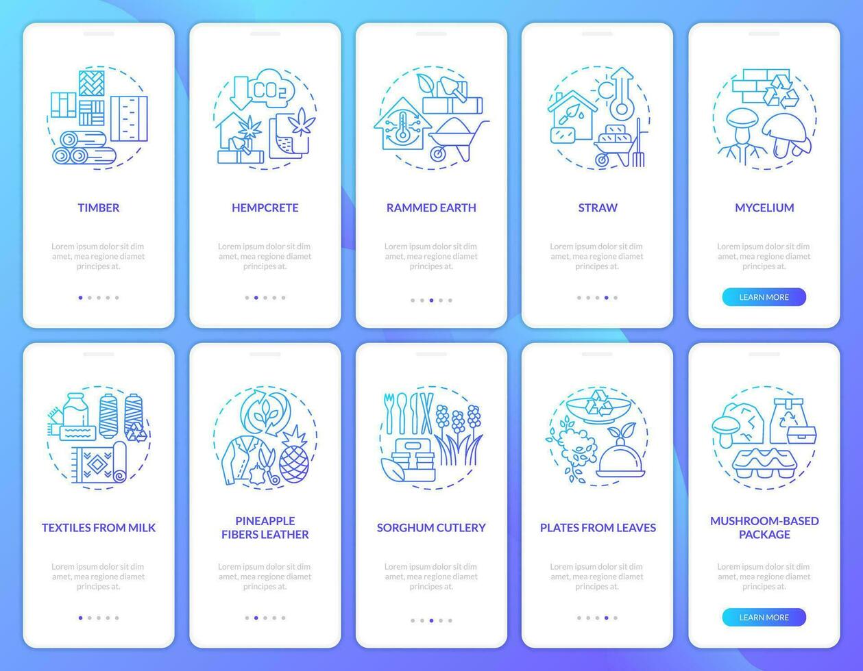 Bio based materials blue gradient onboarding mobile app screen set. Walkthrough 5 steps graphic instructions with linear concepts. UI, UX, GUI templated vector