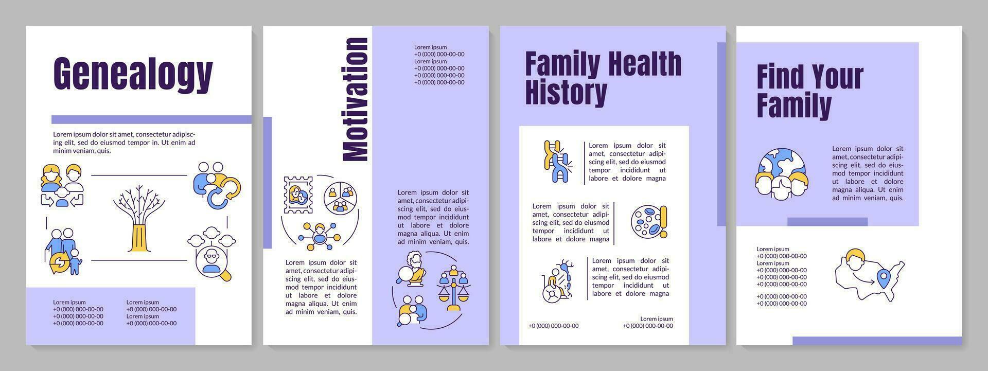 Genealogy purple brochure template. Family health history. Leaflet design with linear icons. Editable 4 vector layouts for presentation, annual reports