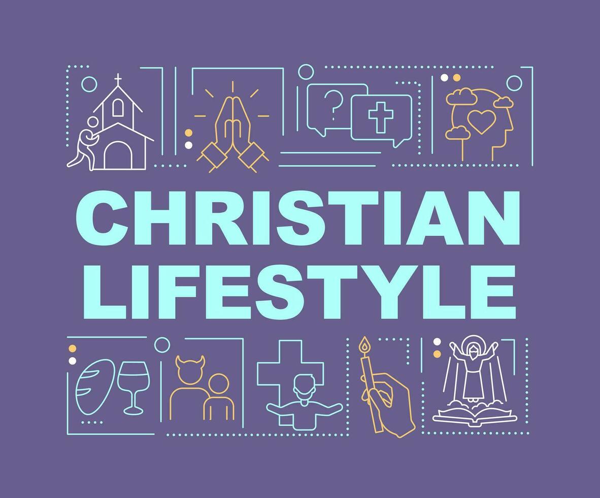 Christian lifestyle word concepts purple banner. Faith culture. Infographics with editable icons on color background. Isolated typography. Vector illustration with text