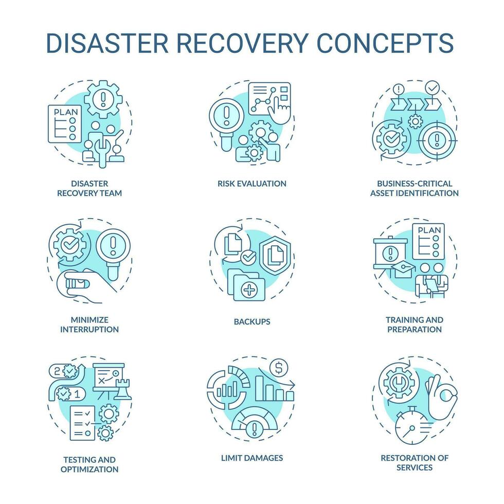 Disaster recovery blue concept icons set. Restore data. Reestablish system work idea thin line color illustrations. Isolated symbols. Editable stroke vector