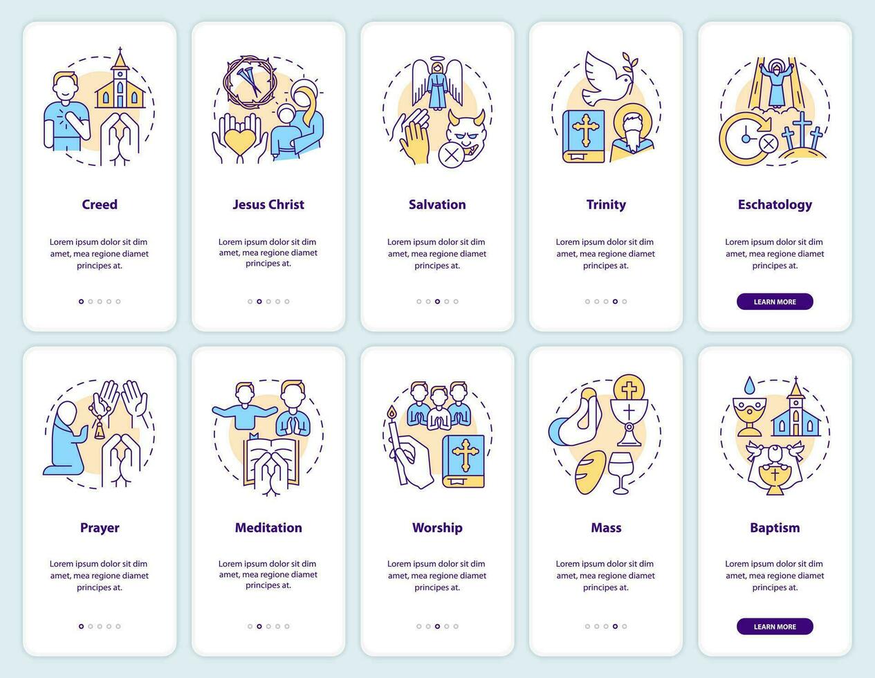 Christian beliefs and practices onboarding mobile app screens set. Walkthrough 5 steps editable graphic instructions with linear concepts. UI, UX, GUI templated vector
