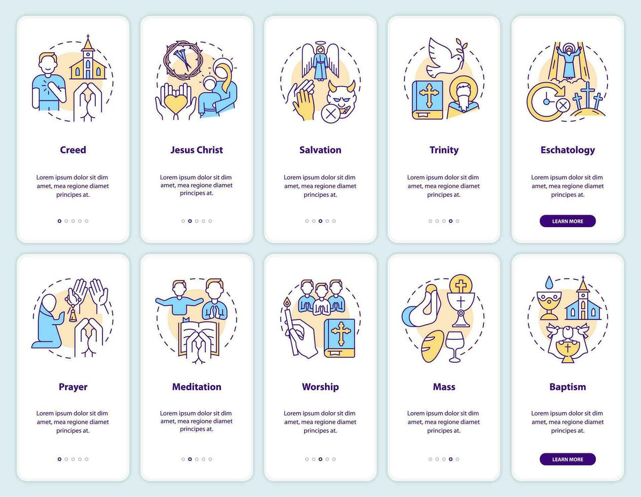 cristiano creencias y practicas inducción móvil aplicación pantallas colocar. recorrido 5 5 pasos editable gráfico instrucciones con lineal conceptos. ui, ux, gui plantilla vector