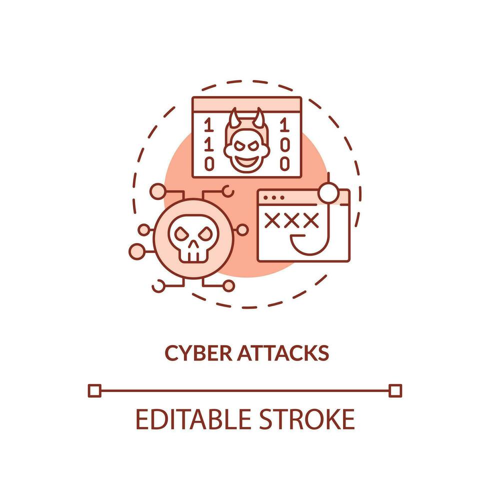 Cyber attacks red concept icon. Malicious software. Phishing. Disaster type abstract idea thin line illustration. Isolated outline drawing. Editable stroke vector