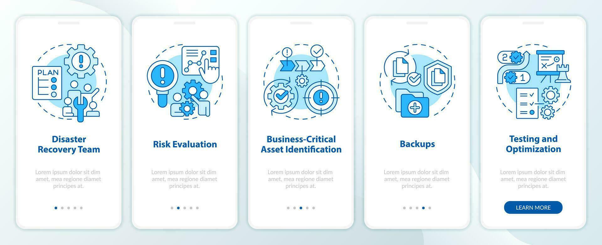 Effective disaster recovery plan blue onboarding mobile app screen. Walkthrough 5 steps editable graphic instructions with linear concepts. UI, UX, GUI templated vector