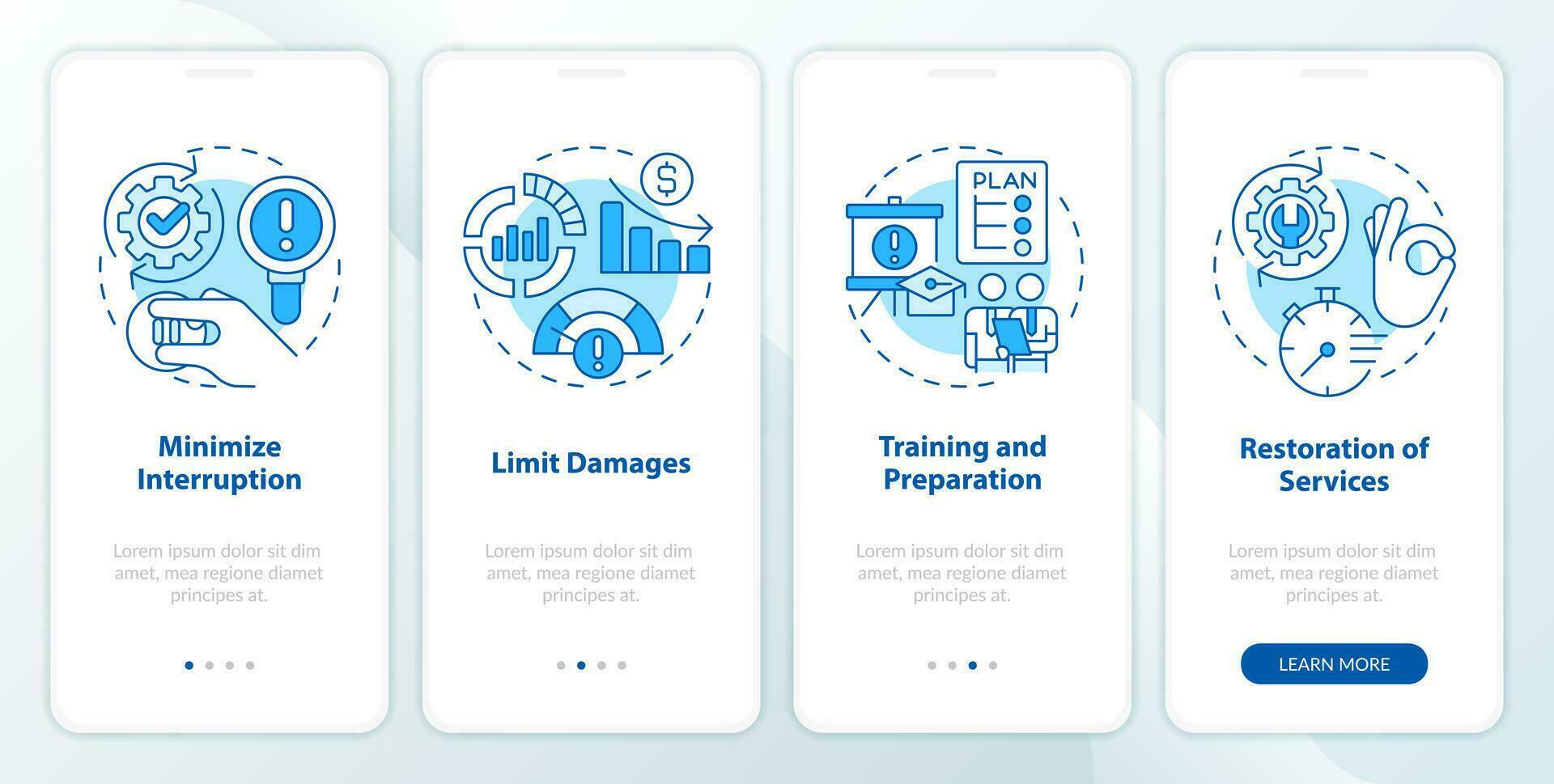 Disaster recovery plan benefits blue onboarding mobile app screen. Walkthrough 4 steps editable graphic instructions with linear concepts. UI, UX, GUI templated vector