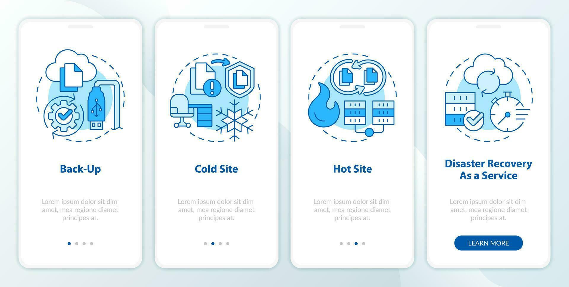 Types of disaster recovery blue onboarding mobile app screen. Walkthrough 4 steps editable graphic instructions with linear concepts. UI, UX, GUI templated vector
