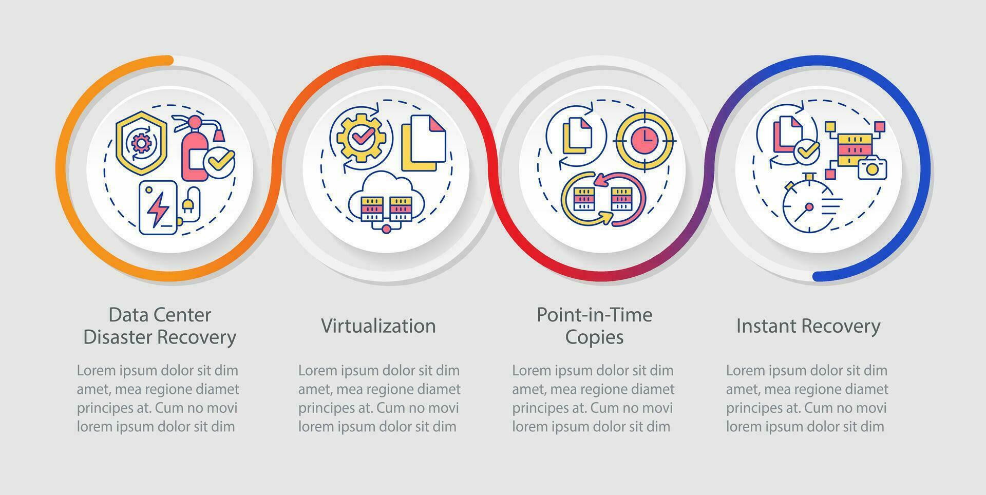 Disaster recovery approaches loop infographic template. Damage prevention. Data visualization 4 steps. Timeline info chart. Workflow layout with line icons vector