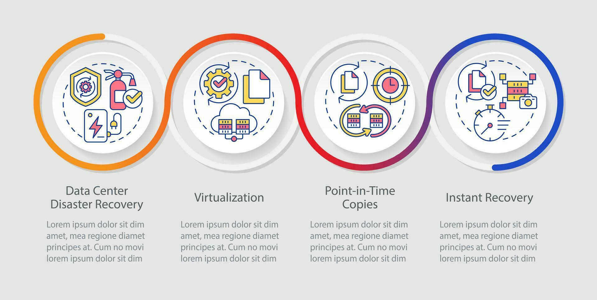 desastre recuperación enfoques lazo infografía modelo. dañar prevención. datos visualización 4 4 pasos. cronograma informacion cuadro. flujo de trabajo diseño con línea íconos vector