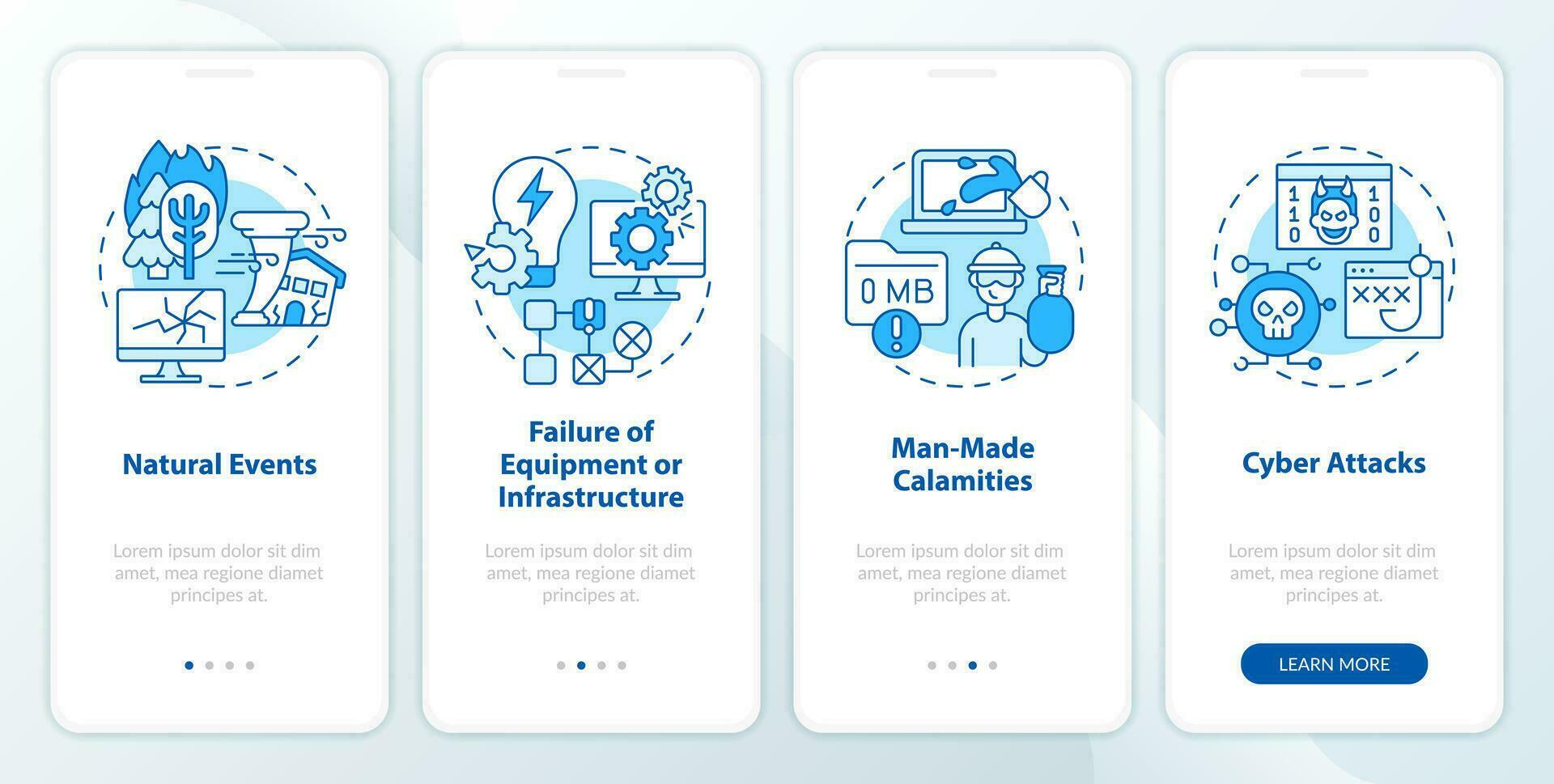 What is disaster blue onboarding mobile app screen. Failures walkthrough 4 steps editable graphic instructions with linear concepts. UI, UX, GUI templated vector