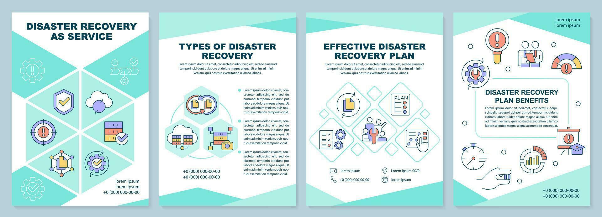 Disaster recovery as service brochure template. Leaflet design with linear icons. Editable 4 vector layouts for presentation, annual reports