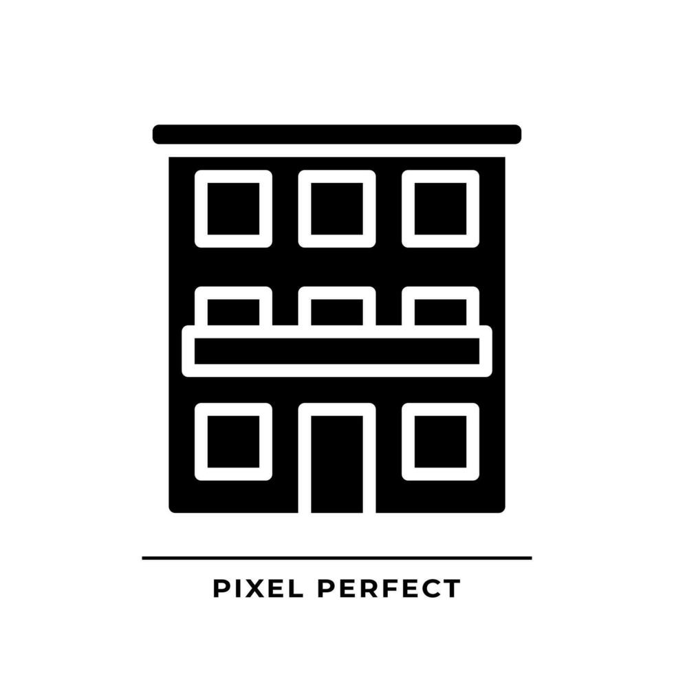 Condominium black glyph icon. Community ownership. Apartments complex. Urban building. Real estate. Building facade. Silhouette symbol on white space. Solid pictogram. Vector isolated illustration