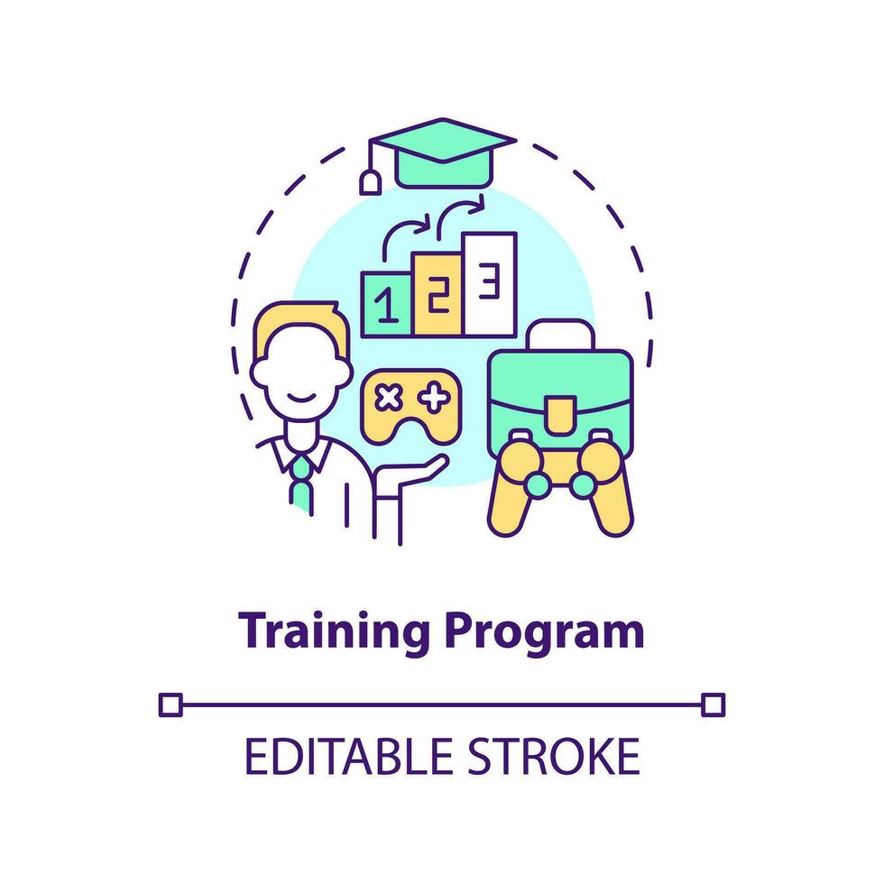 Training program concept icon. Improve workers education. Gamification in workplace abstract idea thin line illustration. Isolated outline drawing. Editable stroke vector