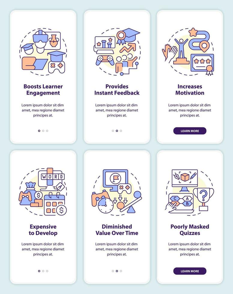 Gamification pros and cons onboarding mobile app screens set. Walkthrough 3 steps editable graphic instructions with linear concepts. UI, UX, GUI templated vector