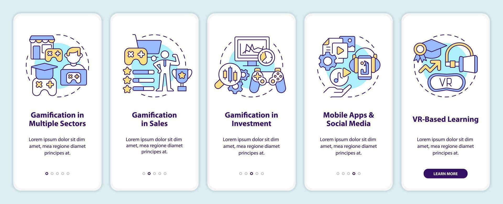 Gamification trends onboarding mobile app screen. Games integration walkthrough 5 steps editable graphic instructions with linear concepts. UI, UX, GUI templated vector