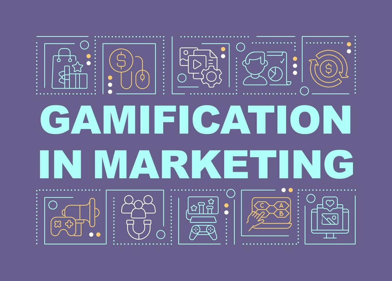 Gamification in marketing word concepts purple banner. Infographics with editable icons on color background. Isolated typography. Vector illustration with text