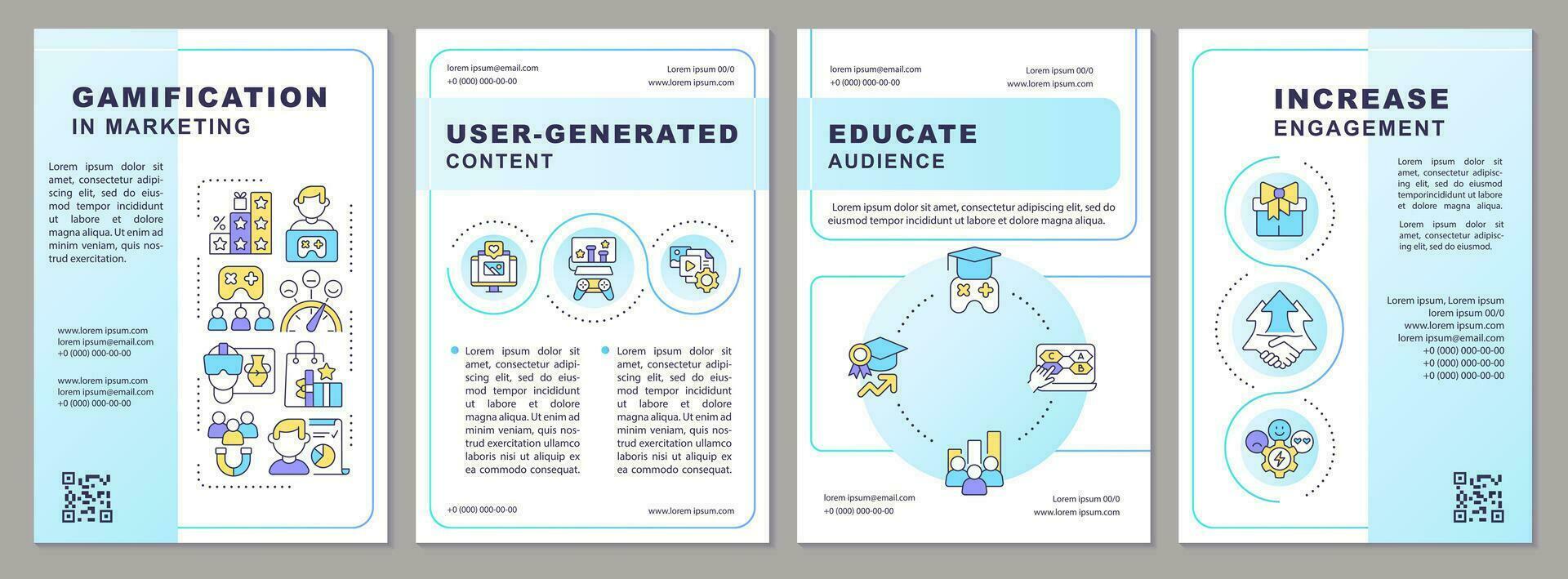Gamification in marketing blue gradient brochure template. Leaflet design with linear icons. 4 vector layouts for presentation, annual reports