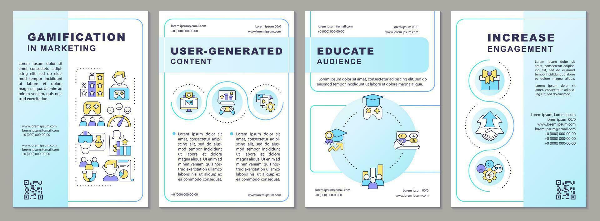 gamificación en márketing azul degradado folleto modelo. folleto diseño con lineal iconos 4 4 vector diseños para presentación, anual informes