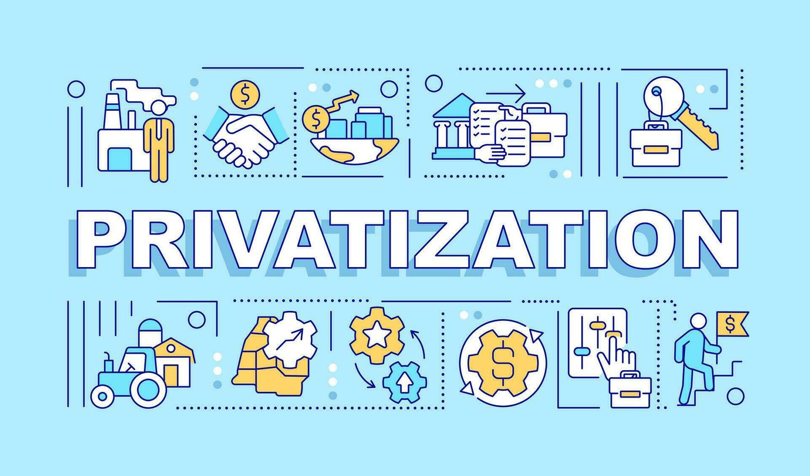 Privatization word concepts blue banner. Property ownership transition. Infographics with editable icons on color background. Isolated typography. Vector illustration with text