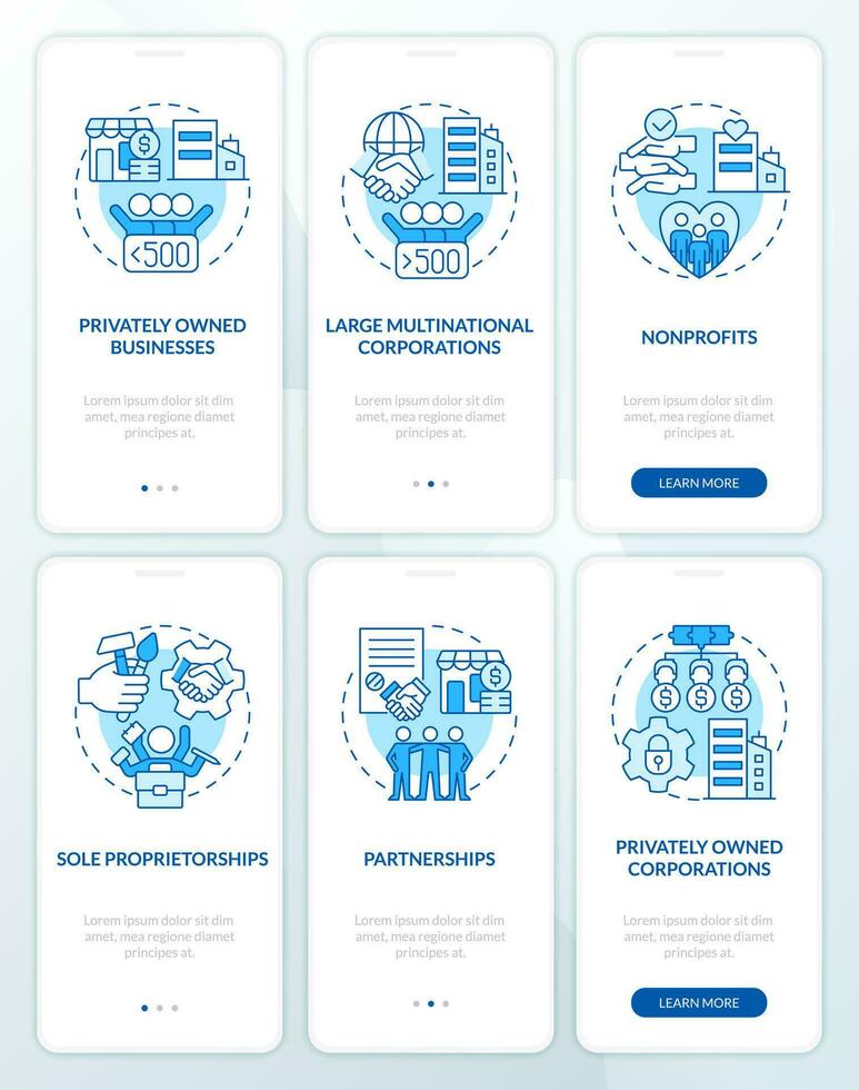 Private sector companies types blue onboarding mobile app screens set. Walkthrough 3 steps editable graphic instructions with linear concepts. UI, UX, GUI templated vector