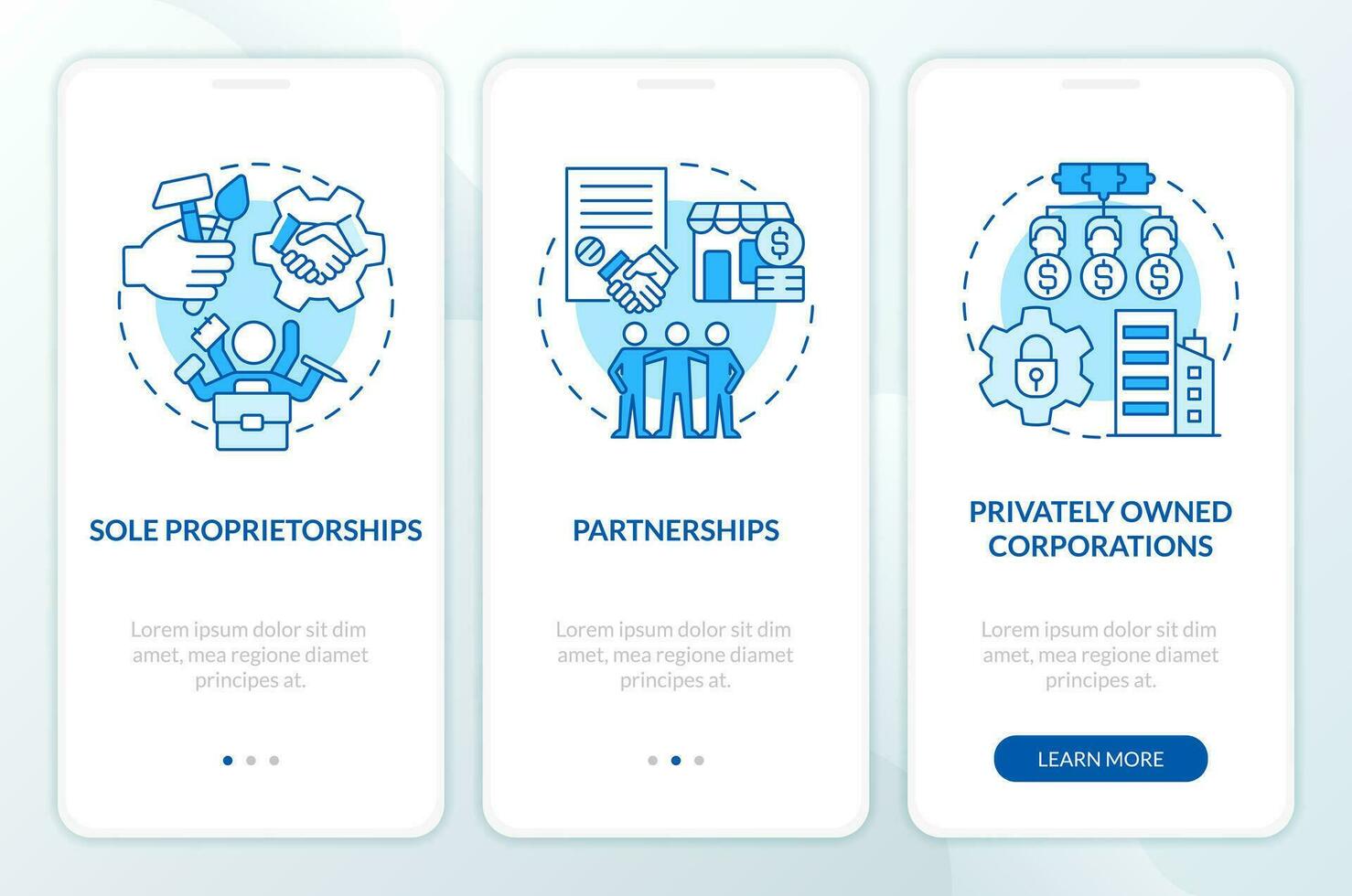 Private small and medium businesses blue onboarding mobile app screen. Walkthrough 3 steps editable graphic instructions with linear concepts. UI, UX, GUI templated vector
