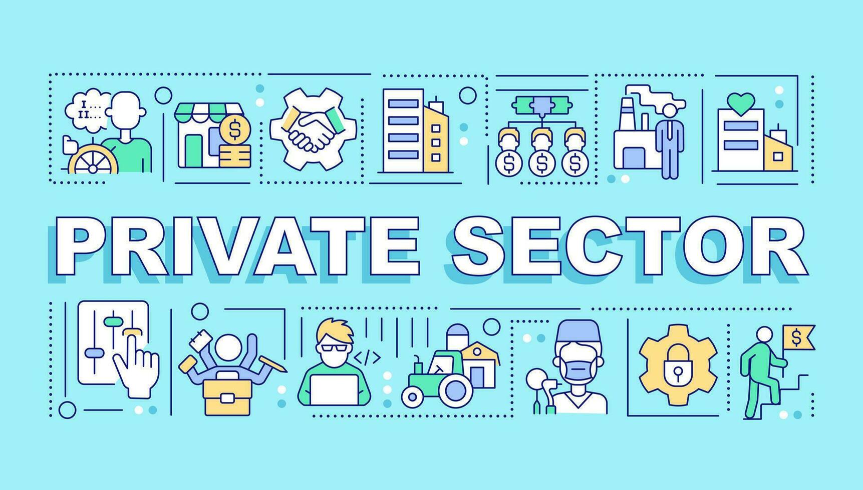 Private sector word concepts turquoise banner. Business organization. Infographics with editable icons on color background. Isolated typography. Vector illustration with text