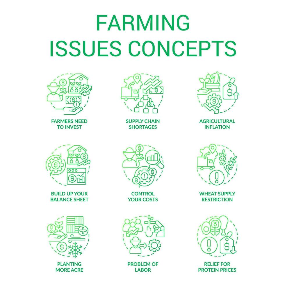 Agronomy issues green gradient concept icons set. Agriculture business problem. Challenges farmers face idea thin line color illustrations. Isolated symbols vector