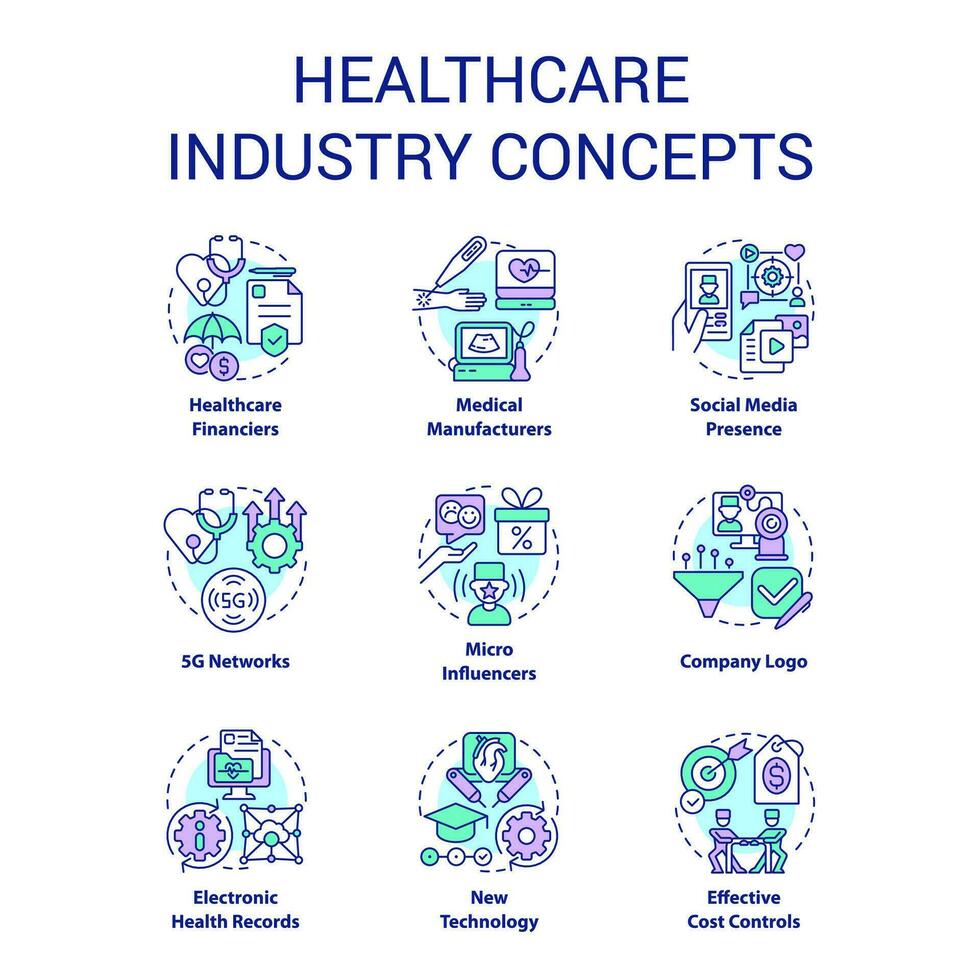 cuidado de la salud industria concepto íconos colocar. clínico servicios. vida ciencia. médico sector idea Delgado línea color ilustraciones. aislado simbolos editable carrera vector