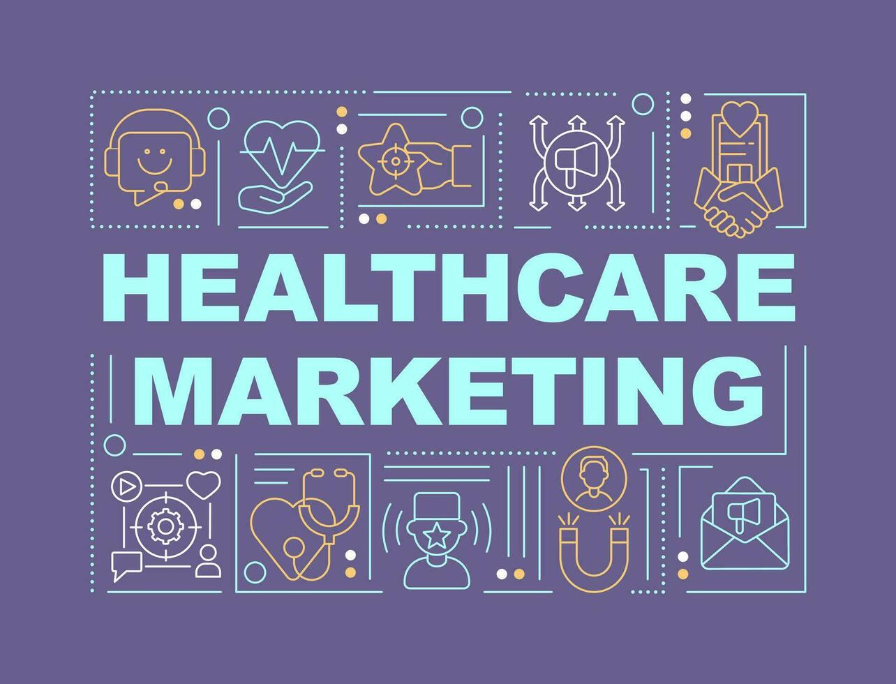 Healthcare marketing word concepts dark purple banner. Medical strategy. Infographics with editable icons on color background. Isolated typography. Vector illustration with text