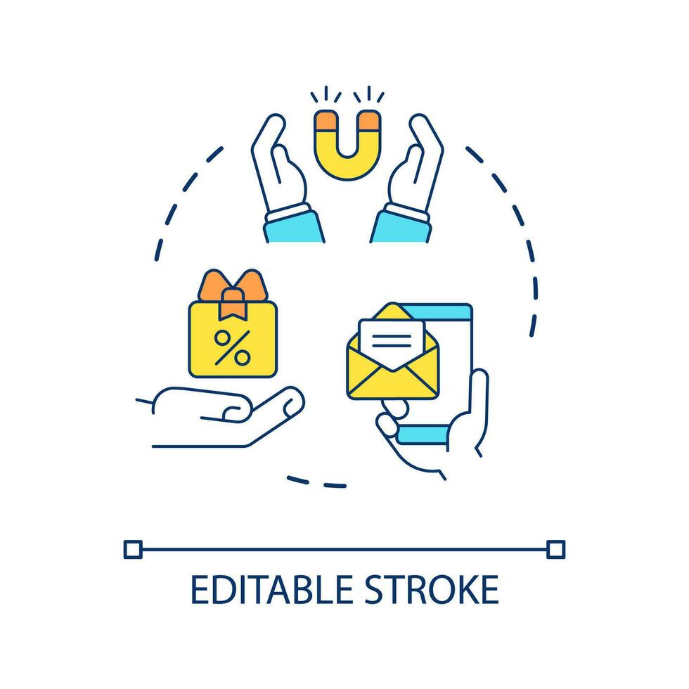 Consumers magnet concept icon. Attract new clients. Expand target audience. Engagement marketing tricks abstract idea thin line illustration. Isolated outline drawing. Editable stroke vector