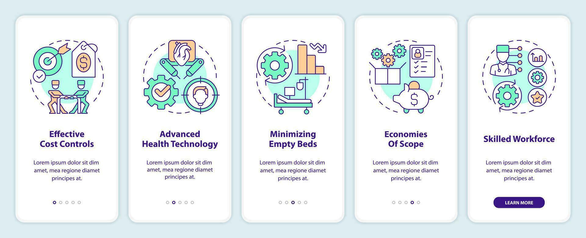 Health care competition advantages onboarding mobile app screen. Walkthrough 5 steps editable graphic instructions with linear concepts. UI, UX, GUI templated vector