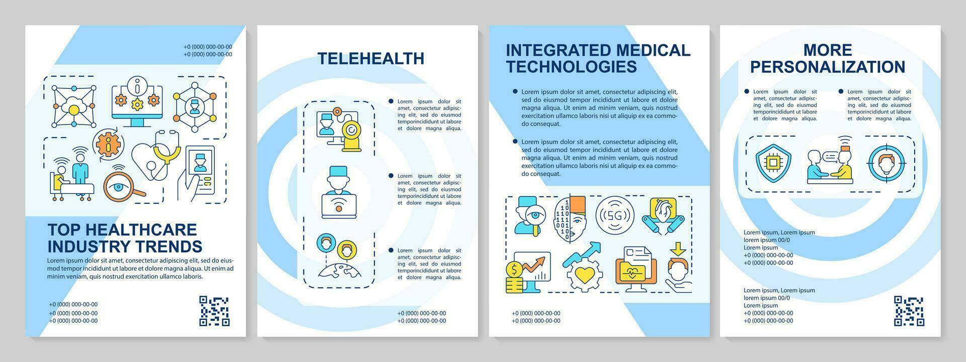 Healthcare industry trends blue brochure template. Health sector. Leaflet design with linear icons. Editable 4 vector layouts for presentation, annual reports