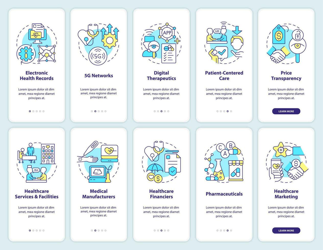 Healthcare trends onboarding mobile app screen set. Key segments walkthrough 5 steps editable graphic instructions with linear concepts. UI, UX, GUI templated vector