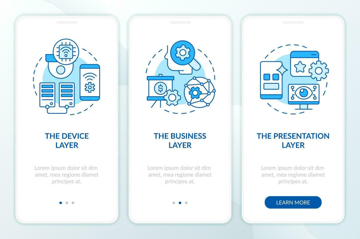 IoT applications technologies blue onboarding mobile app screen. Walkthrough 3 steps editable graphic instructions with linear concepts. UI, UX, GUI templated vector
