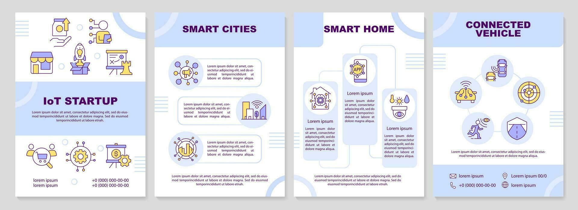 IoT startup purple brochure template. Future business ideas. Leaflet design with linear icons. Editable 4 vector layouts for presentation, annual reports
