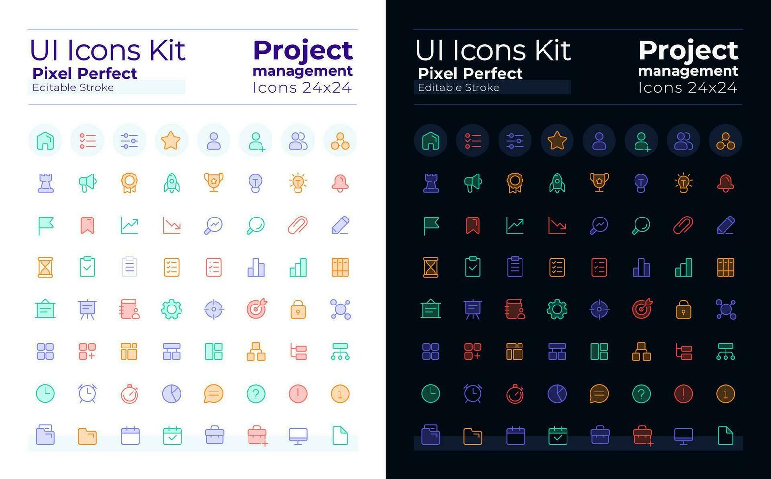 Project management pixel perfect glass morphism ui icons set for dark, light mode. GUI, UX design. Vector isolated pictograms with transparency. Editable stroke