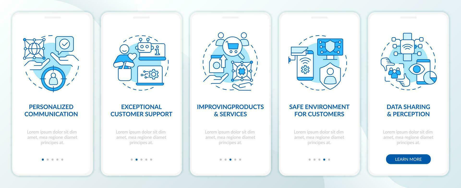 Provide IoT for business reasons blue onboarding mobile app screen. Walkthrough 5 steps editable graphic instructions with linear concepts. UI, UX, GUI templated vector